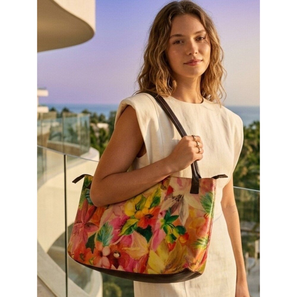 Maurizio Taiuti Floral Multi-Color Leather Tote Bag with Brown Handles